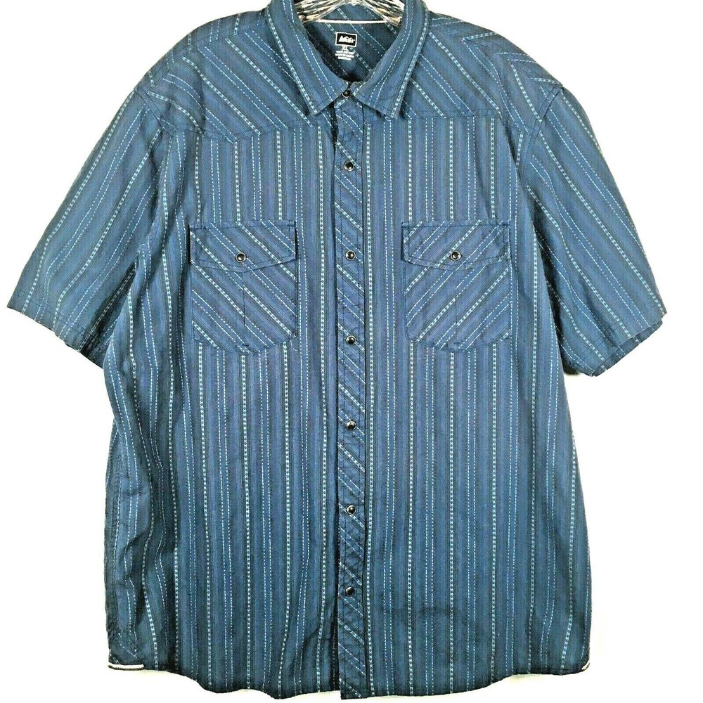 REI Shirt Mens‎ Sz XL Blue 100% Cotton Short Sleeve Snap Hiking Western Top